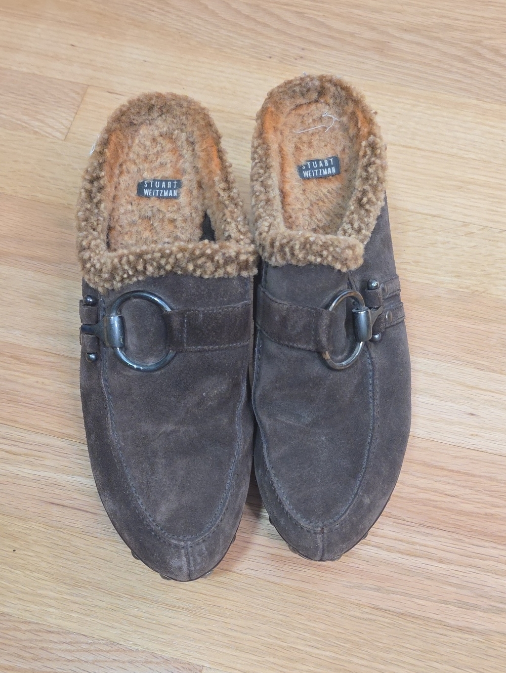 Stuart Weitzman Dark Brown Suede Shearling-Lined Slip-On Loafers